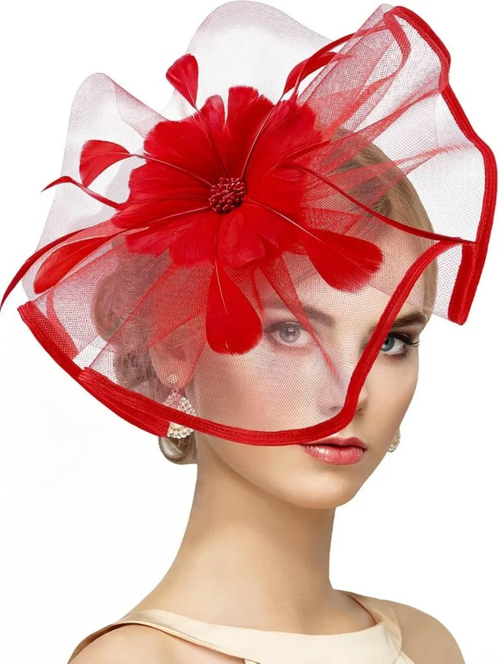 Vintage Tea Party Hat - Mesh Kentucky Fascinator Headband with Flower & Feather